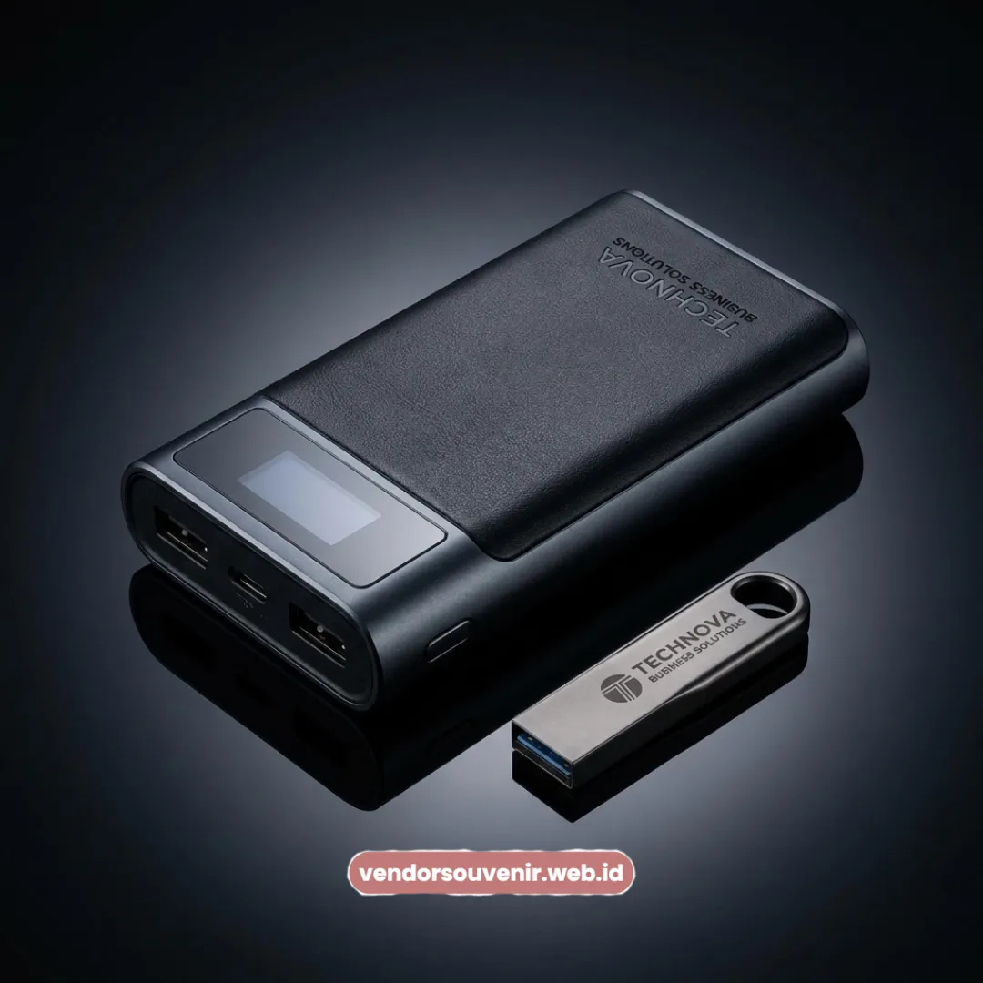 Ilustrasi Powerbank dan flashdisk custom logo